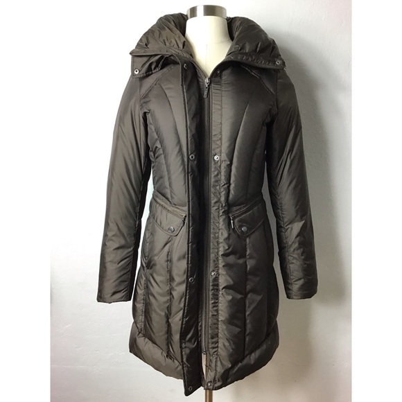 New Cole Haan brown puffer down long jacket coat with hidden hood - Picture 2 of 12